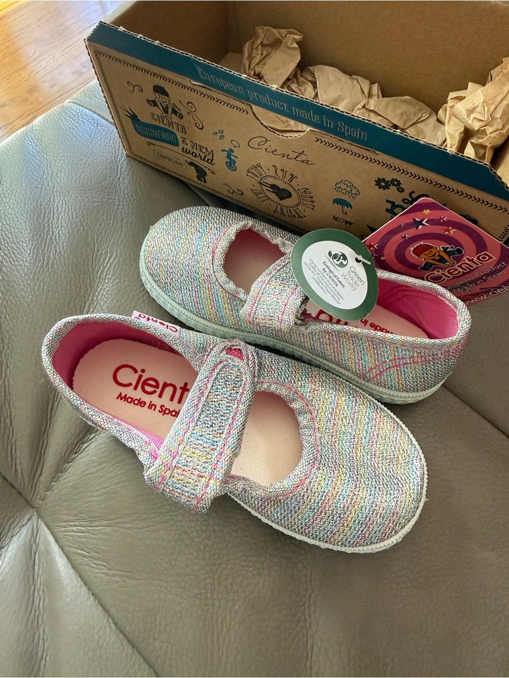 Cienta Girls' Pink Multicolor Knit Mary Jane Shoes size 22 us 6